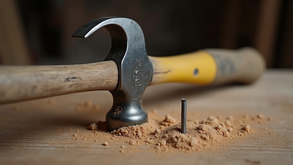 Close-up of a claw hammer head and curved claw next to a nail in timber, illustrating claw hammer vs framing hammer design