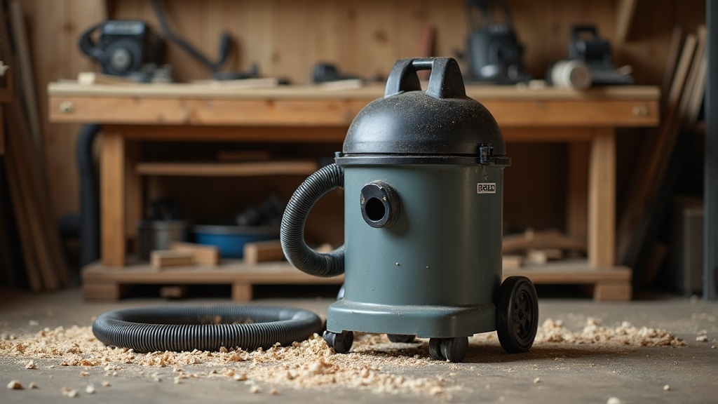 Unbranded dust extractor canister and hose in a home workshop next to wood shavings — illustrating Dust Extractor vs Shop Vacuum: What’s the Difference?