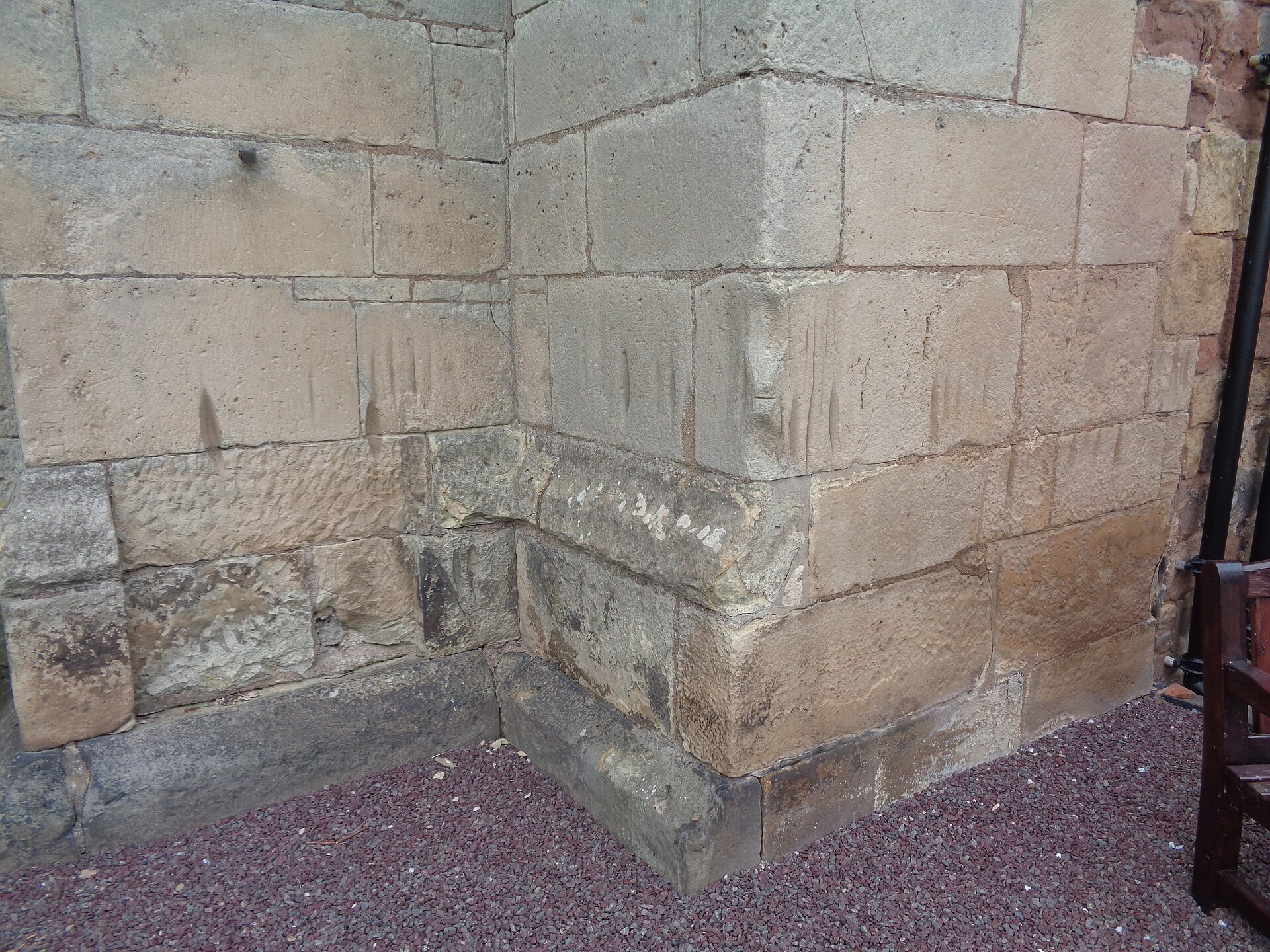St Lucia's Church, Upton Magna, Shropshire. Tool sharpening marks.jpg — illustrating What Is Honing Versus Sharpening? A Plain Guide