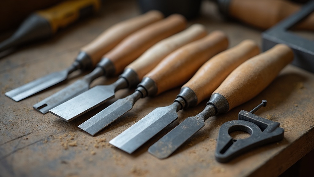Chisels of different widths laid on a bench beside a honing guide used to set bevel angle — illustrating What Is a Chisel’s Bevel Angle Actually For?