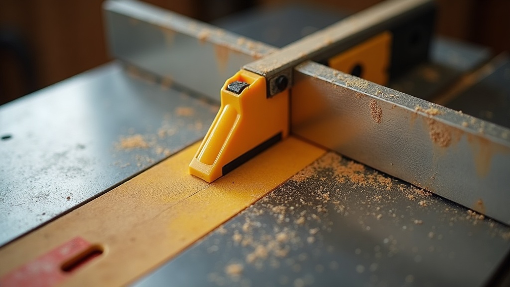 A featherboard mounted in a miter slot holding a narrow offcut against a saw fence — illustrating What Is a Featherboard For? A Plain-Language Guide