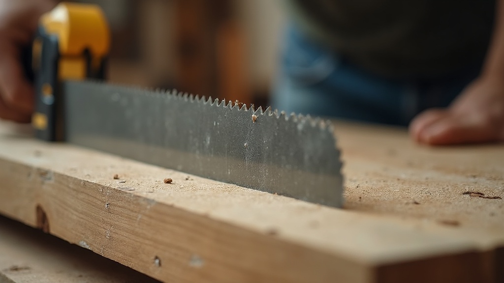 Thin flexible blade of a Japanese pull saw showing its fine teeth over a wooden workpiece — illustrating What Is a Japanese Pull Saw, and Why the Different Cut?