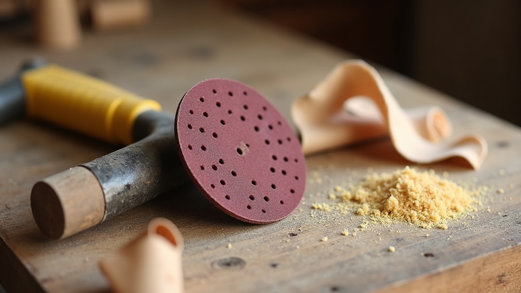 Round sanding disc and sawdust on a workbench, illustrating how a random orbital sander pad works