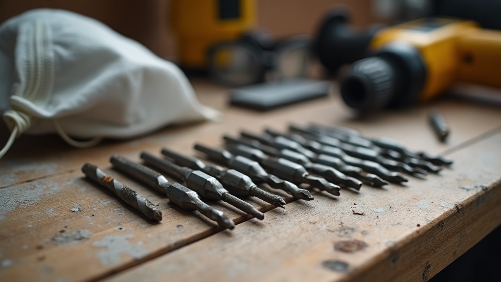 Assortment of masonry bits and PPE laid out for rotary hammer drilling work — illustrating What Is a Rotary Hammer, and When Hammer Drills Fall Short