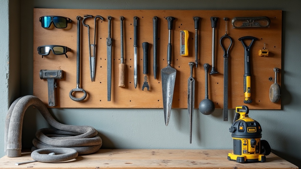 Tidy home workshop pegboard with safety glasses and dust extraction hose near a saw bench — illustrating What Is an Electric Brake on a Saw, and How It Works