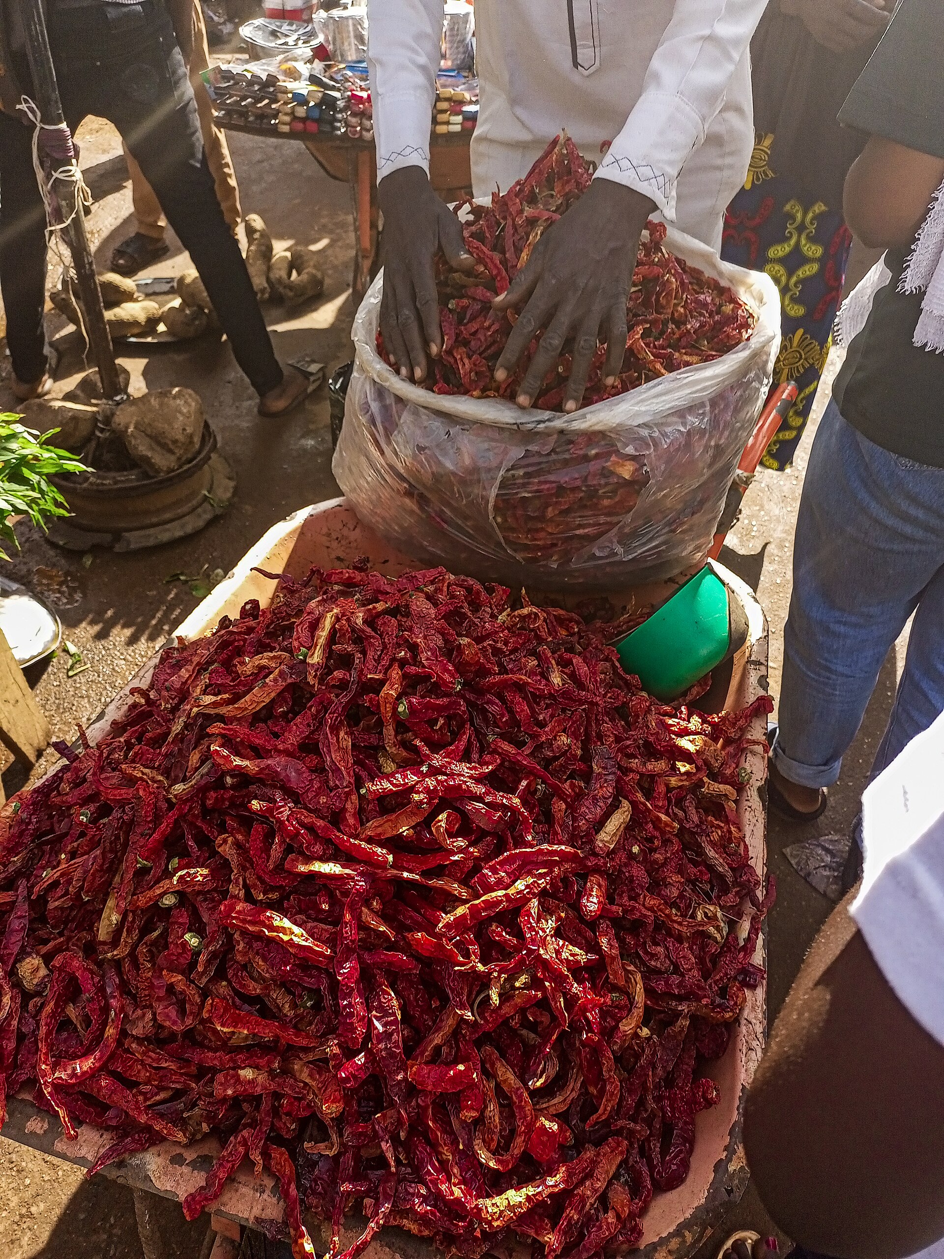 A wheelbarrow filled with dried pepper at Owode Market, Offa, Ilorin.jpg — illustrating Wheelbarrow vs Garden Cart: What Is the Difference?
