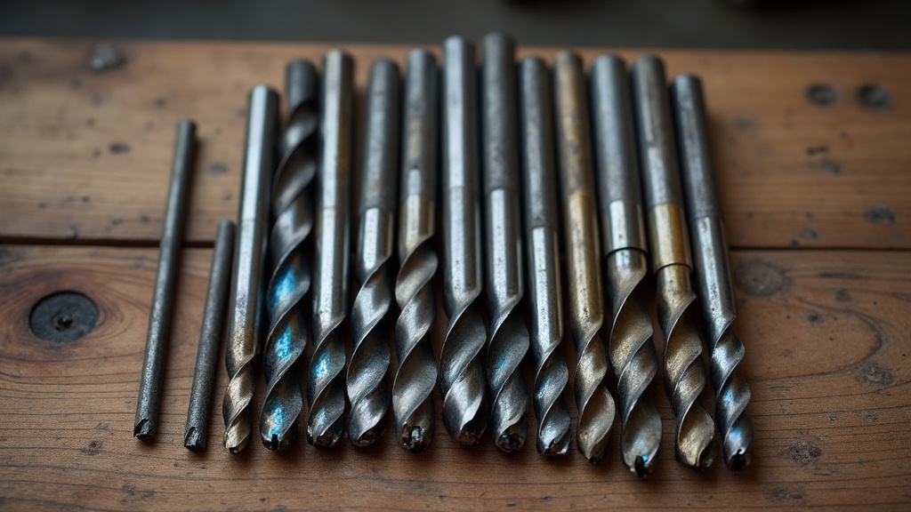 Row of drill bits showing a heat-discoloured tip next to unaffected bits, illustrating drill bit wear from overheating